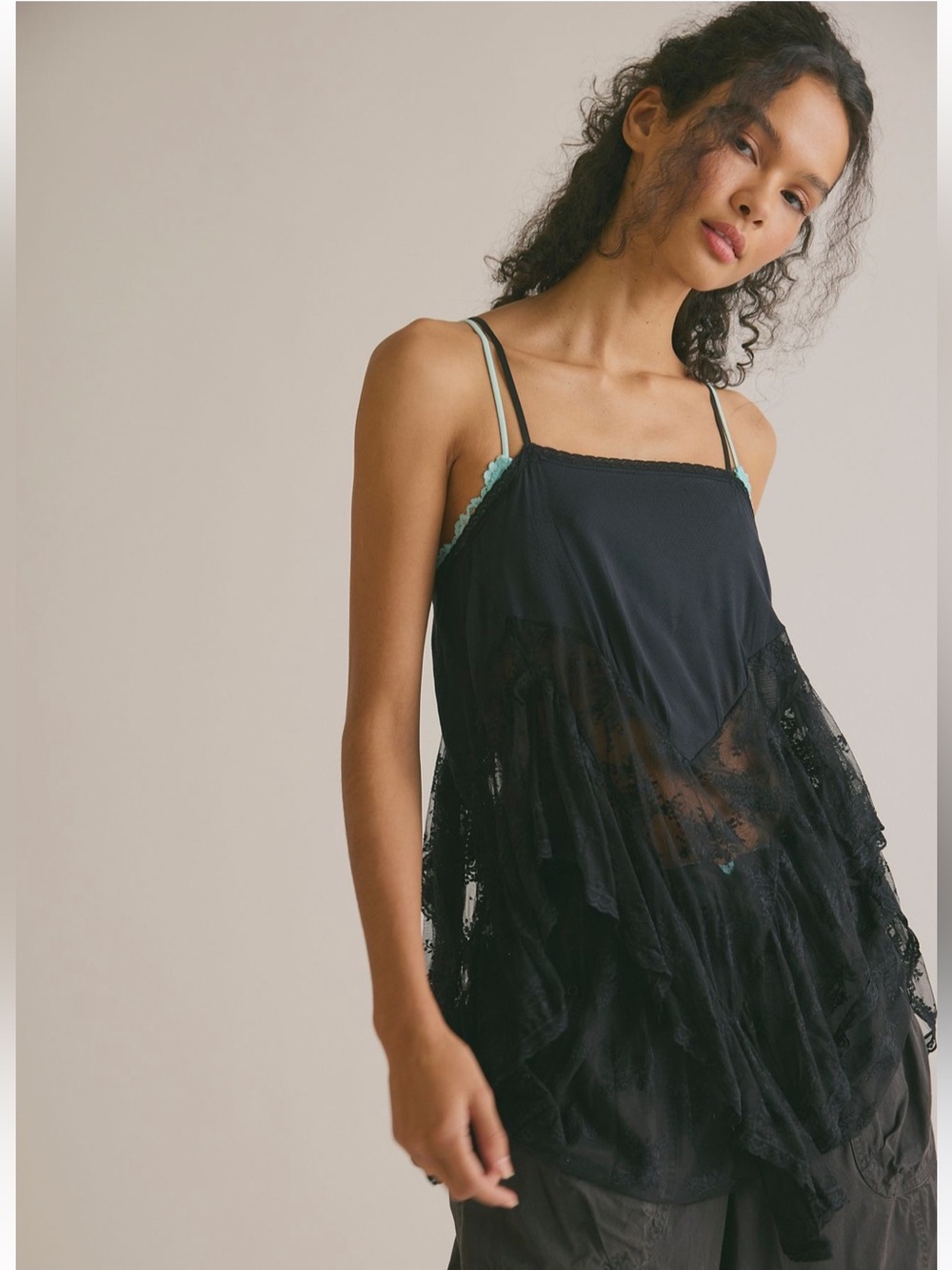 NWT Free People βSunday Candyβ Black Mini Lace Slip Dress